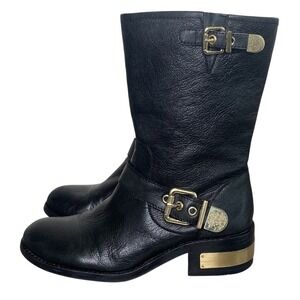 Women's Vince Camuto Winchell Black leather Moto Boot Gold Accent Women's‎ 8